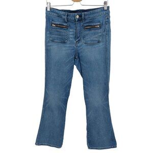 White House Black Market 8 Flare Crop Blue Denim Jeans Square Zip Pockets Retro